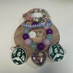 Disney small lot of stretch bracelets & Starbucks little mermaid earrings & more